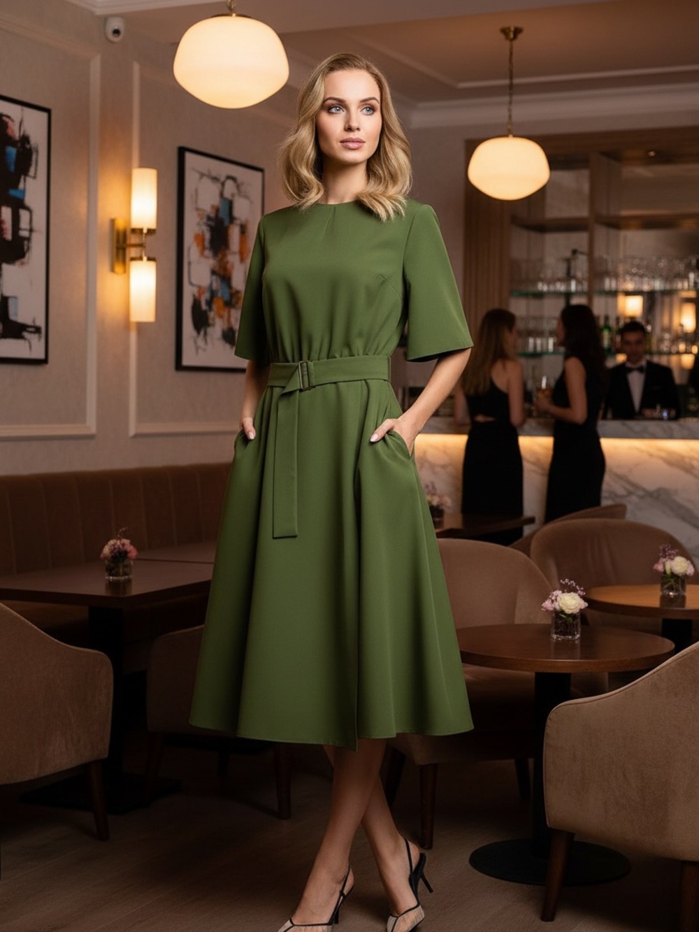 Belted Olive Green Midi Dress with A-Line Skirt